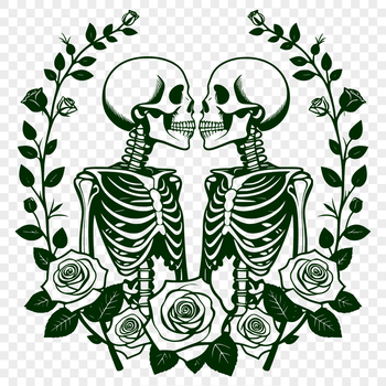 A whimsical illustration of skeletons surrounded by floral elements, perfect for Valentine's Day decorations.