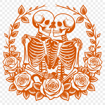 An illustration of a skeleton holding a bouquet of roses, symbolizing love on Valentine's Day.