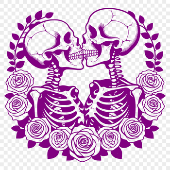 A skeleton holding a bouquet of roses on Valentine's Day, illustrated with bold lines and floral details.