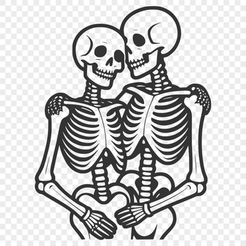 A playful illustration of two skeletons embracing on Valentine's Day.