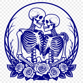 Illustrative design featuring a romantic skeleton surrounded by flowers, perfect for Valentine's Day decorations.
