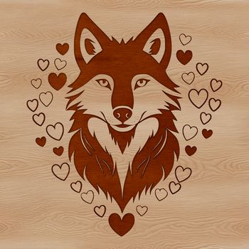 A close-up illustration of a wolf's head, surrounded by love hearts.