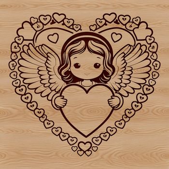 Angel silhouette with love heart emblem, designed as a vector graphic.