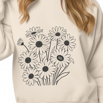 A colorful illustration of a daisy flower with white petals and yellow center.