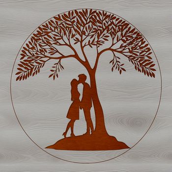 A stylized illustration of an embracing couple surrounded by lush foliage.