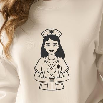A female nurse illustration with love hearts incorporated into her uniform.