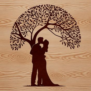 A pair of intertwined trees with hearts and leaves, symbolizing eternal love and unity.