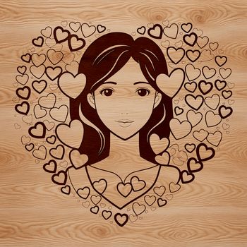 A colorful illustration of a smiling female figure surrounded by love hearts.