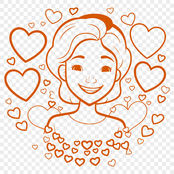 A woman illustrated with love hearts surrounding her face and body.