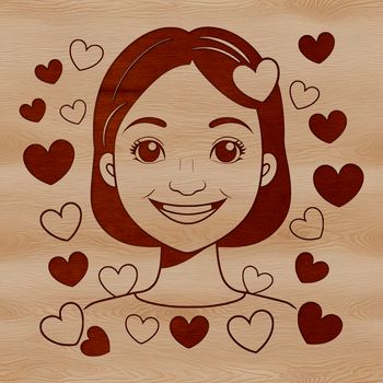 A female silhouette with heart symbols surrounding her face.
