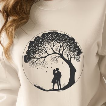 Illustration of intertwined lovers surrounded by lush greenery in a romantic scene.