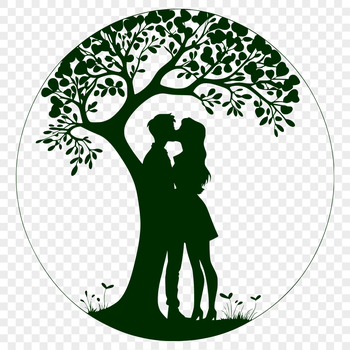 A vector design of a tree with two figures kissing among its leaves, perfect for use as clip art or stencil template.