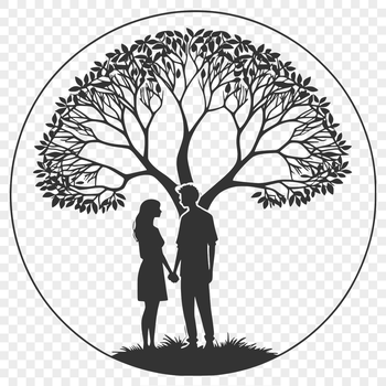 A stylized illustration of a tree with intertwined branches, symbolizing the bond between lovers.
