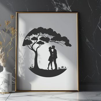 A romantic couple embracing under the branches of a tree, symbolizing love and unity.