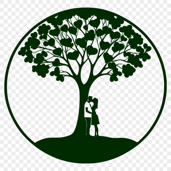 Illustrative tree design with a couple embracing in its branches, perfect for Valentine's Day or wedding decorations.