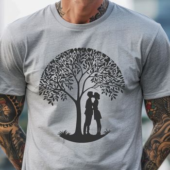A stylized illustration of two embracing figures beneath a blooming tree, symbolizing love and union.