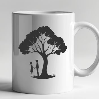 A stylized illustration of a tree with intertwining hearts and leaves, representing love and union.