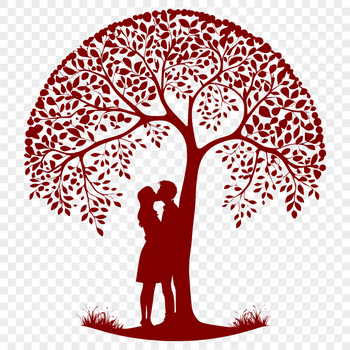 Illustration of a tree with intertwined lovers sharing a kiss, perfect for Valentine's Day designs and wedding templates.