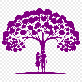 An illustration of a couple embracing under the branches of a stylized tree.