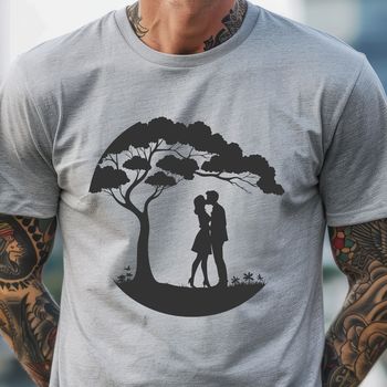 A stylized illustration of two embracing figures under the branches of a tree.