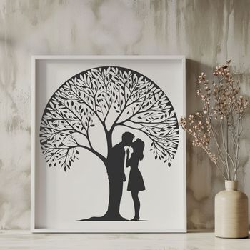 A stylized illustration of intertwined tree branches forming a heart shape, symbolizing love and romance.