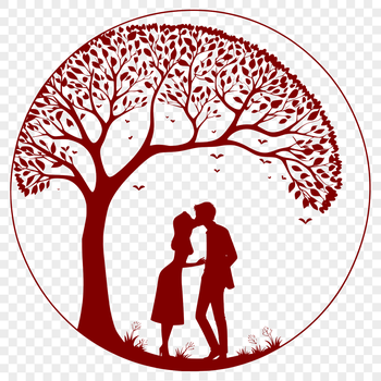 A stylized illustration of a tree with entwined lovers embracing in its branches.