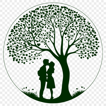 An ornate vector design featuring a romantic tree motif with lovers' knot or kiss incorporated into the trunk.