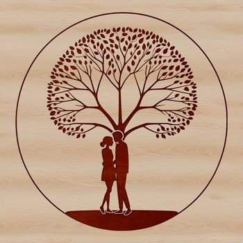 A stylized illustration of two intertwining trees with hearts or flowers intertwined, symbolizing love.