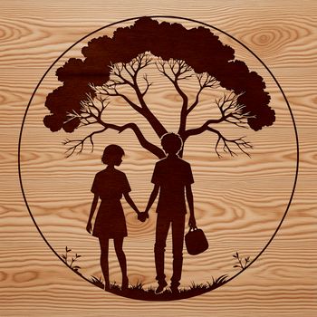 A stylized illustration of intertwined lovers surrounded by lush foliage.