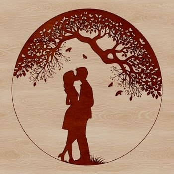 An iconic vector design of a couple embracing under the foliage of an intertwined tree, suitable for various applications.