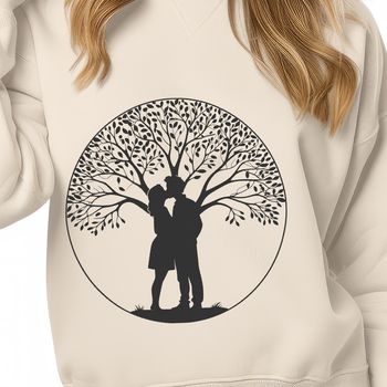 A stylized illustration of two embracing figures surrounded by foliage in a tree shape.