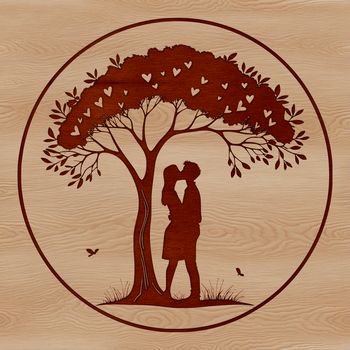 A stylized illustration of an embracing couple under a single tree branch.