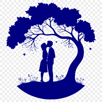 A pair of lovers embracing under the branches of a tree, ideal for Valentine's Day designs or wedding invitations.