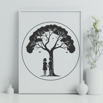A stylized illustration of a tree with intertwined branches forming a heart shape, suitable for Valentine's Day designs.