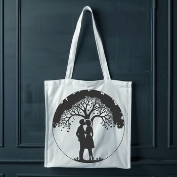 A pair of lovers embracing under the branches of a large tree, perfect for Valentine's Day or wedding decorations.