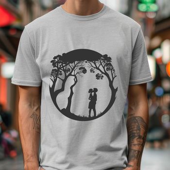 A stylized illustration of a tree with intertwined lovers, suitable for Valentine's Day designs.