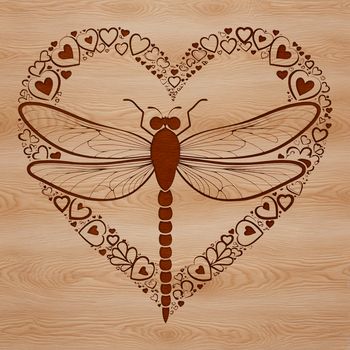 A colorful illustration of a dragonfly with two hearts on its wings.