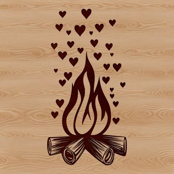A campfire design featuring flames with love hearts surrounding the fire pit.