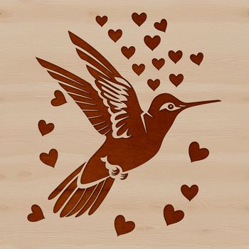 A colorful illustration of a hummingbird in mid-flight with heart shapes around it.