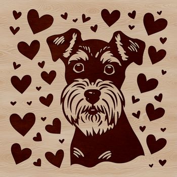 A vector illustration of a small dog with a friendly expression, featuring heart symbols on its head.