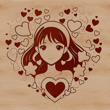 A stylized illustration of a woman surrounded by love hearts.