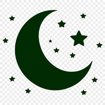 A stylized illustration of the night sky with a prominent crescent moon.