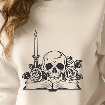 A detailed illustration of a skull surrounded by candles, with a book and rose in the background.
