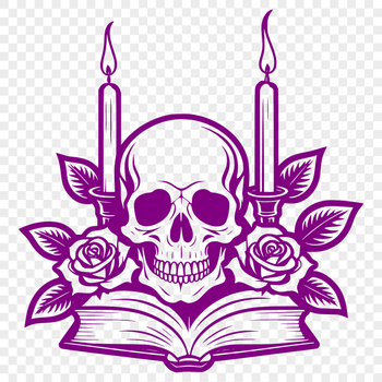 A detailed illustration of a skull surrounded by a candle, book, and rose in a Gothic-inspired design.
