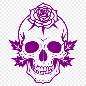 Gothic-style skull with intricate details and floral elements, suitable for Halloween crafts and designs.
