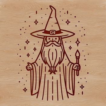 A stylized illustration of a wizard in a fantasy setting.