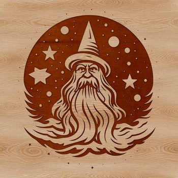A medieval-style wizard with a pointed hat and long white beard, depicted in a simple vector illustration.