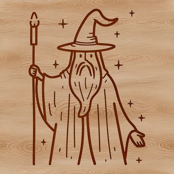 A fantasy illustration of a wizard in traditional attire, complete with hat and staff.