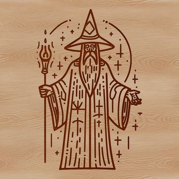 A magical character with a pointed hat and wand, set against a simple background.