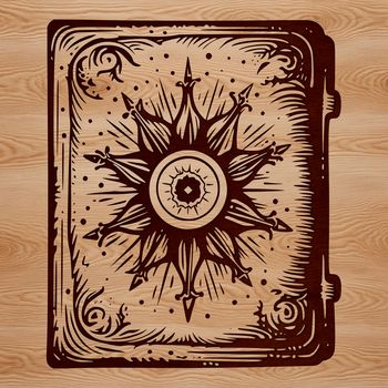A spell book open on a dark wooden table, surrounded by candles and mystical artifacts.